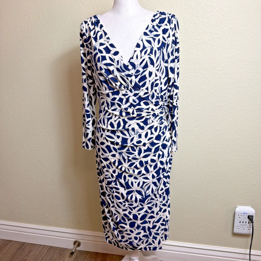 Lauren Ralph Lauren Dress 6 Women Navy Blue White Floral Ruched Faux Wrap Midi